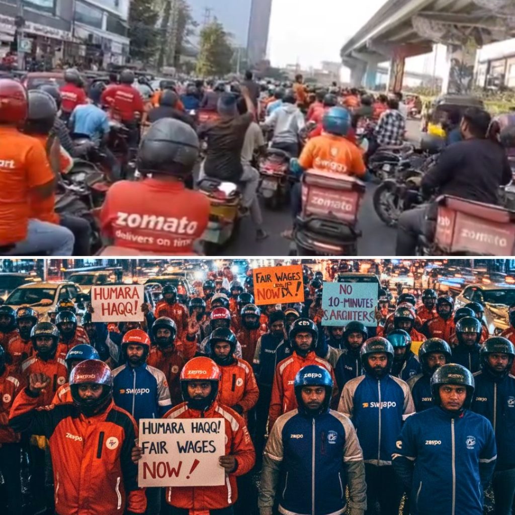 Delivery partners from Swiggy, Zomato and Blinkit holding protest signs during a nationwide strike in India.
