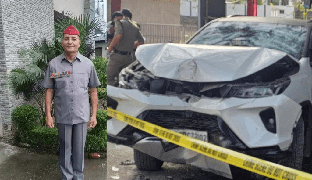 Police officers cordoning off a crime scene on Mussoorie Road, Dehradun, near a crashed Toyota Fortuner and a government school in Johri village.