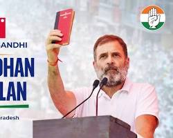 Rahul Gandhi speaking at a podium during the Social Justice Day event in Lucknow.