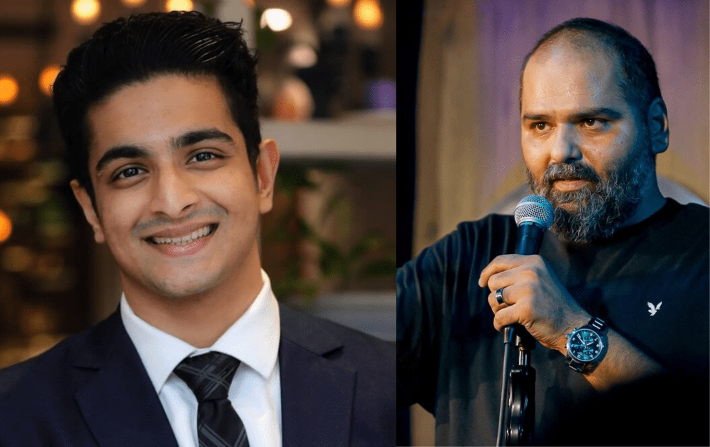 A split-screen graphic showing comedian Kunal Kamra on the right and YouTuber Ranveer Allahbadia (BeerBiceps) on the left against a social media backdrop.