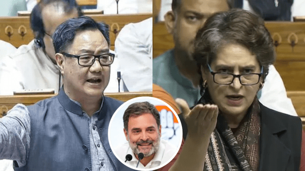 Union Minister Kiren Rijiju and Congress MP Priyanka Gandhi Vadra in separate frames during a Lok Sabha session, representing the political divide.