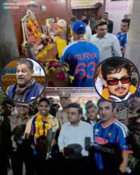 India captain Suryakumar Yadav and coach Gautam Gambhir holding the ICC T20 World Cup 2026 trophy at a temple in Ahmedabad.