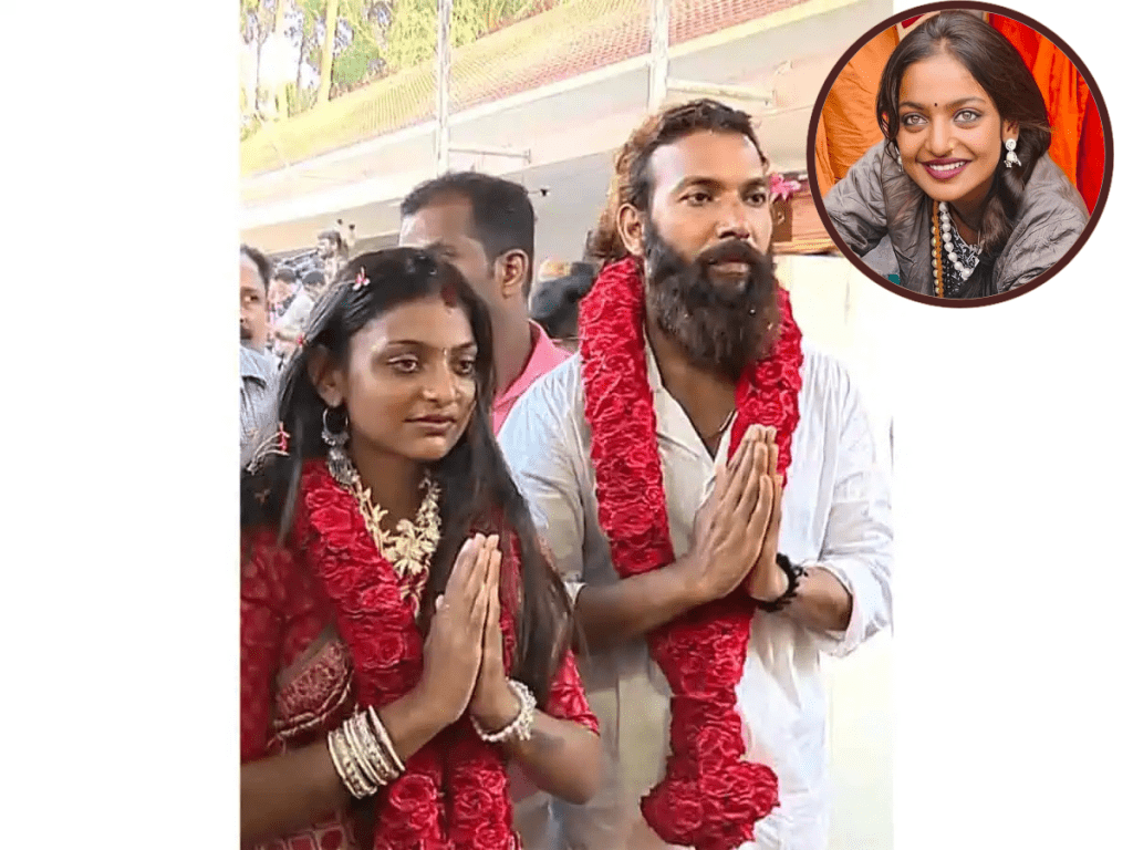 Monalisa Bhosle in a red saree and Farman Khan in a white dhoti during their traditional Hindu wedding ceremony at a Kerala temple.
