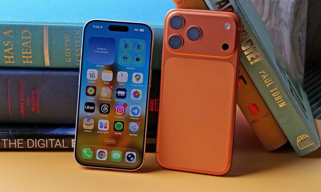 Apple iPhone 17 Pro Max in orange on display with a "Price Drop" banner, alongside a conceptual render of the foldable iPhone 18.