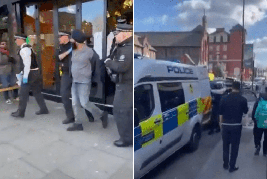 Police escorting Harman Singh Kapoor in handcuffs outside his Rangrez restaurant in Hammersmith, London, during his arrest.