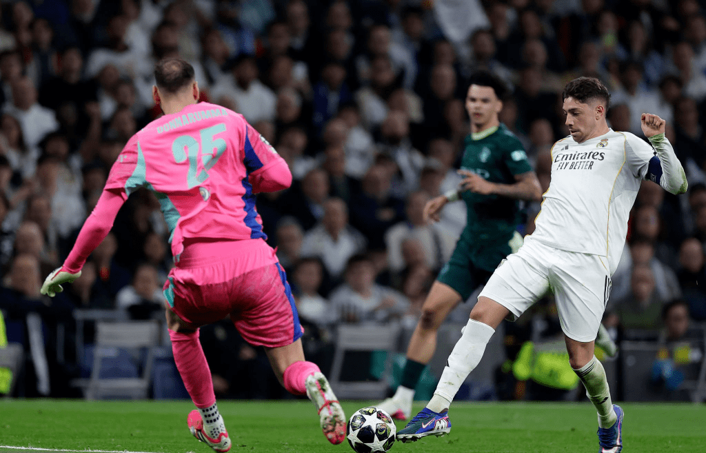 Federico Valverde of Real Madrid celebrates scoring his third goal against Manchester City during the 2026 Champions League Round of 16.