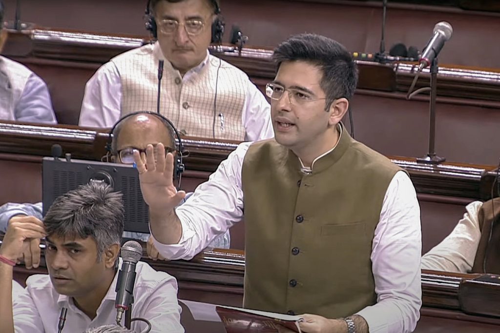 Raghav Chadha addressing the Rajya Sabha former Deputy Leader of Aam Aadmi Party in the Upper House.