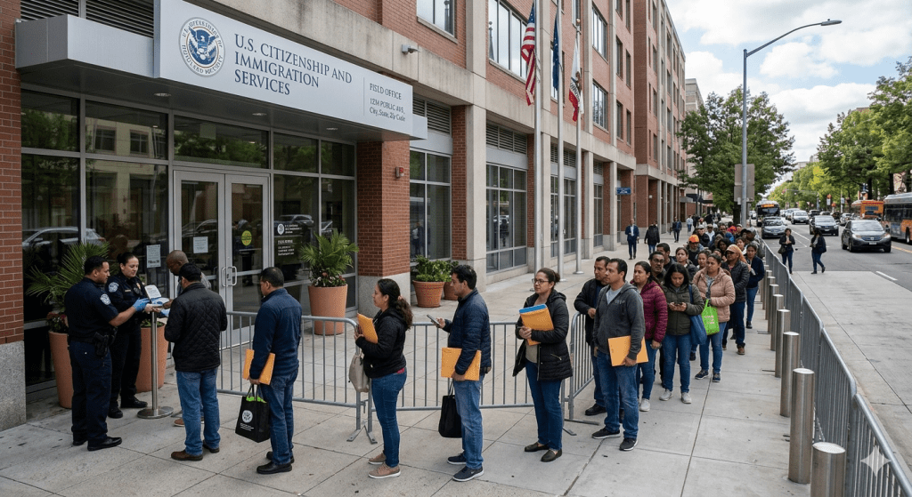 People in queue outside USCIS office for H-1B Visa.