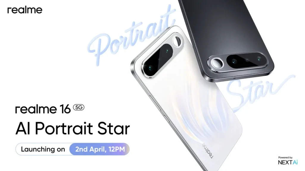 Front and back view of the slim Realme 16 5G in Air White, highlighting the rear camera mirror and 120Hz AMOLED display.