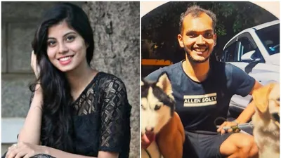 A side-by-side split photo showing 26-year-old Bengaluru physiotherapist Sai Surabhi smiling on the left, and her boyfriend, Mohammed Sanjeet Ali, smiling while sitting outdoors with two dogs on the right.