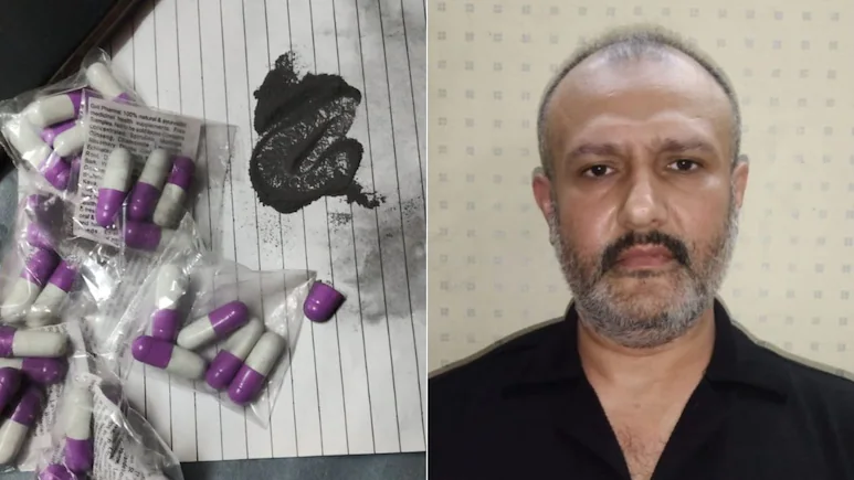A split image showing seized purple and white capsules next to a pile of dark grey toxic powder on lined paper on the left, and a mugshot of the accused, Faiyaz Premji, a middle-aged man with a beard wearing a black shirt, on the right.
