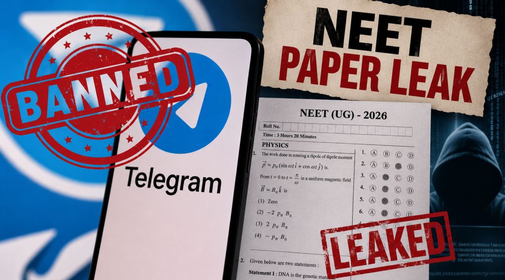 A mobile showing the Telegram app logo with an official Indian government blocking notice overlay, placed next to a NEET-UG 2026 examination paper.